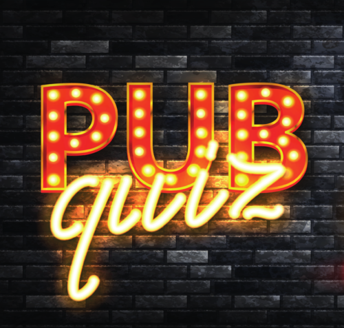 Halogenschriftzug "Pub-Quiz" vor schwarzer Backsteinwand